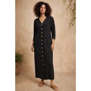 STYLE New York Black Textured Button Front Long‎ Sleeve Maxi Dress Size M